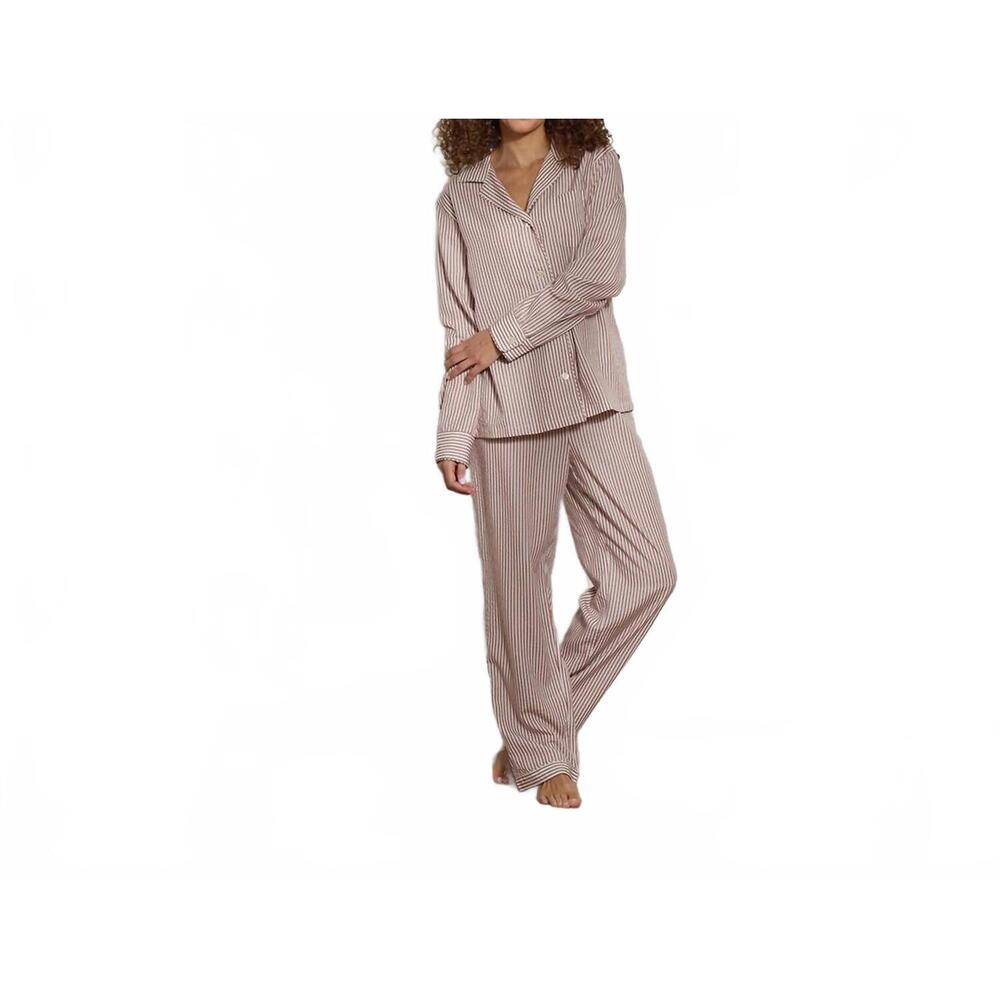 NEW THE SLEEP CODE women's ticking stripe long pj set in brown / white